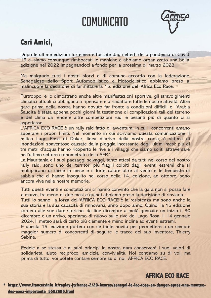 massimo tamburelli (@tamboogarage) on Twitter photo Prevista per marzo ’23 l’ <a href="/Africaecorace/">Africa Eco Race</a> posticipa la sua data e torna al periodo di svolgimento classico, nel mese di gennaio, concomitante con la <a href="/dakar/">DAKAR RALLY</a>
LEGGI tamboo.it/africa-eco-rac… Prevista per marzo ’23 l’ <a href="/Africaecorace/">Africa Eco Race</a> posticipa la sua data e torna al periodo di svolgimento classico, nel mese di gennaio, concomitante con la <a href="/dakar/">DAKAR RALLY</a>
LEGGI tamboo.it/africa-eco-rac…