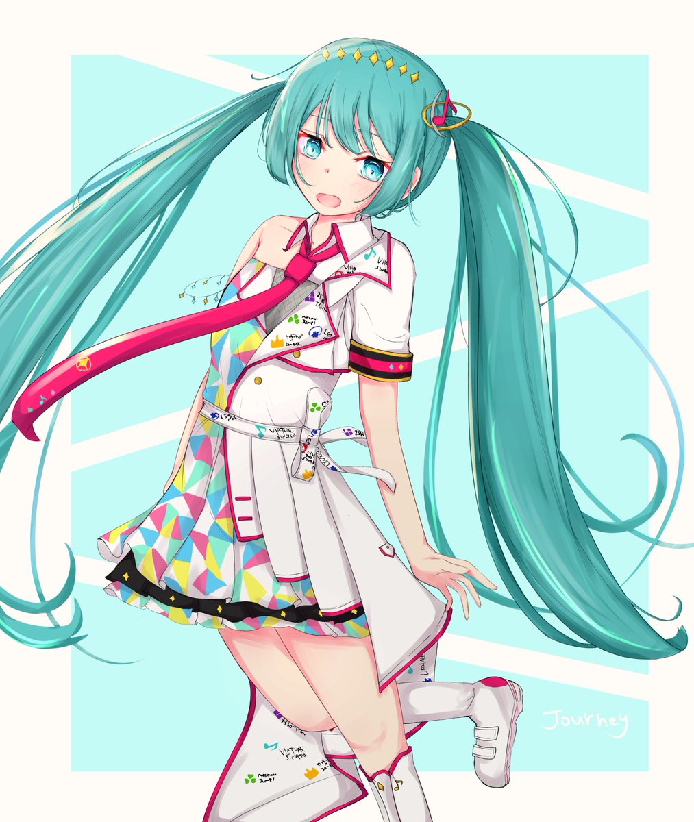 hatsune miku 1girl solo twintails long hair necktie white footwear boots  illustration images