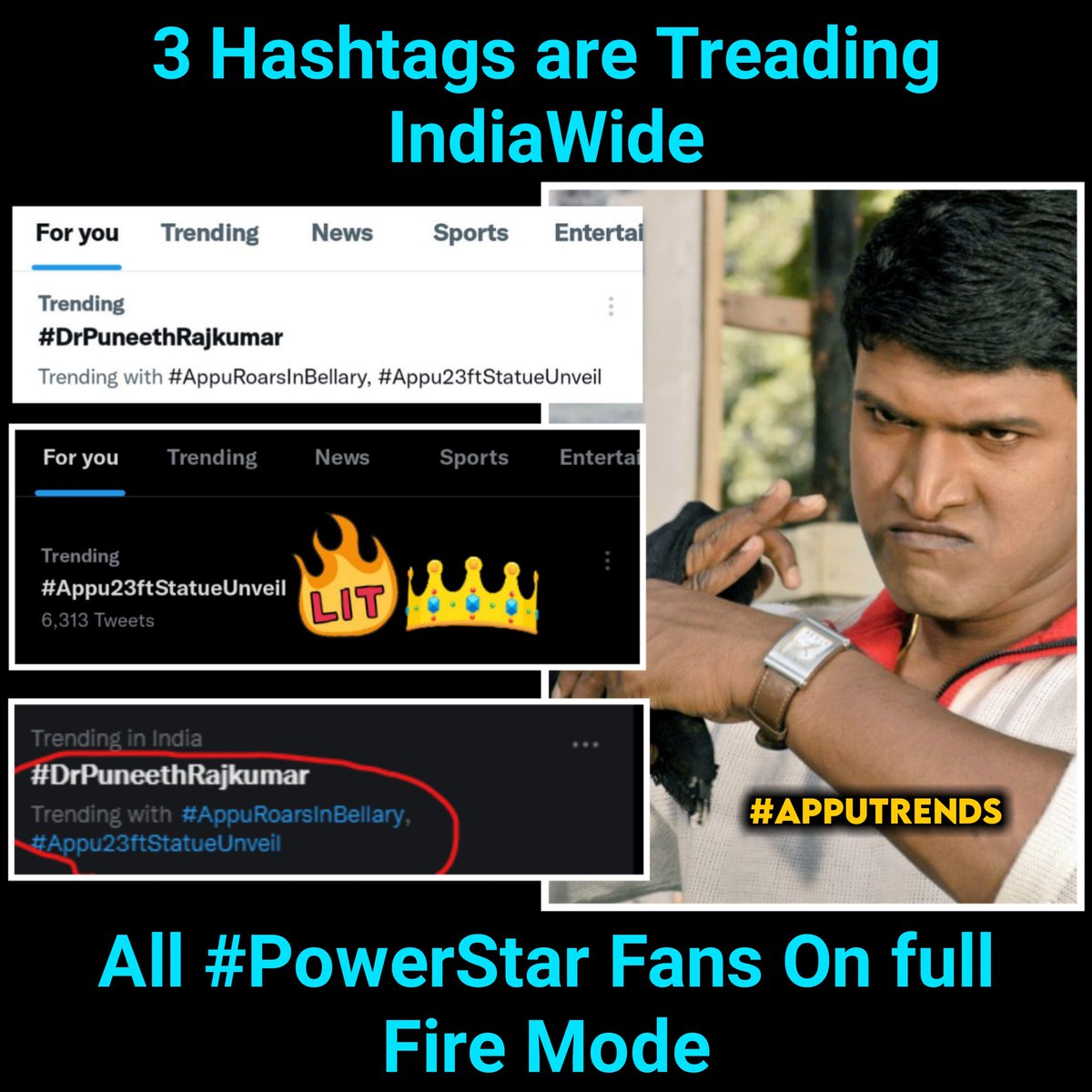 AppuTrends_'s tweet photo. Aa Aaa Idappa Trend Andre
ಹೊಡಿರಿ RT ಹೇಳ್ತಿನಿ 🤩🙌💥
3 Hashtags are Treading IndiaWide🔥
#DrPuneethRajkumar
#AppuRoarsInBellary
#Appu23ftStatueUnveil
#AppuTrends https://t.co/rGMdggaj3x