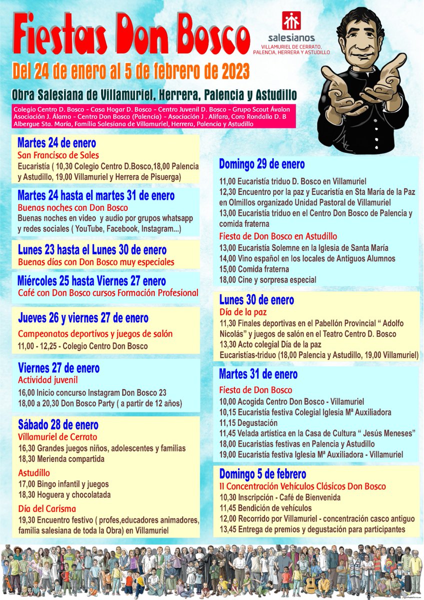PROGRAMA FIESTAS DON BOSCO 2023

De: <a href="/CJCyL/">Consejo de la Juventud de Castilla y León</a>
<a href="/CJovenVilla/">CJoven Villamuriel</a>
@cpijdepalencia
<a href="/SalesianosEs/">Salesianos España</a>
Os compartimos toda programacion de las Fiestas Don Bosco 2023 

Con:
<a href="/ayuntamiento/">ayuntamiento</a> villamuriel
