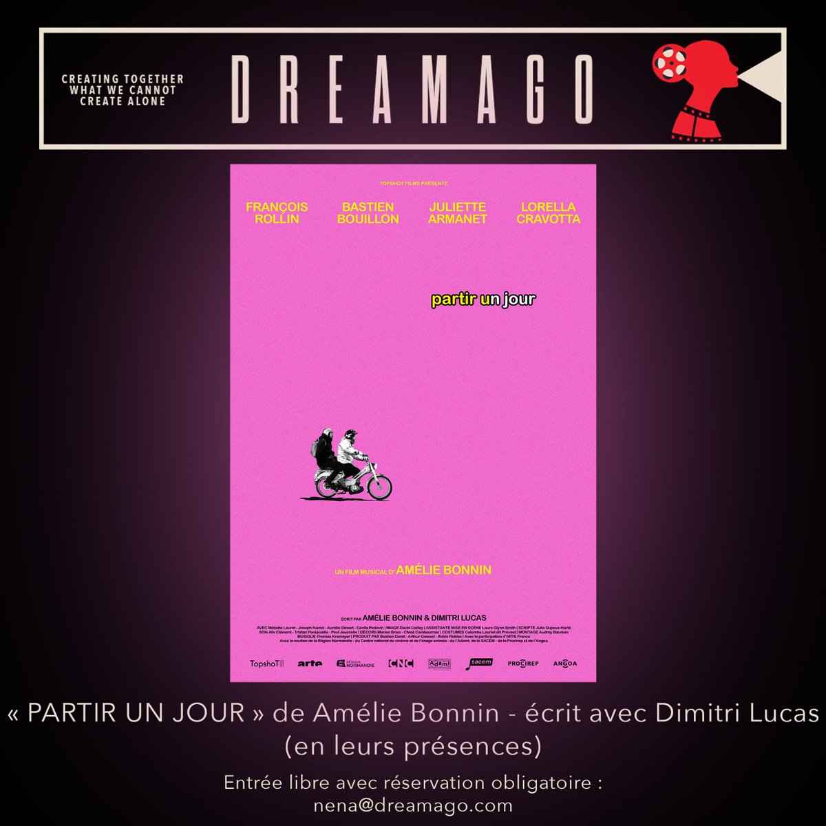 🎬 DreamAgo, projettera à la <a href="/SACDParis/">SACD officiel</a>  #PartirUnJour d'#AmélieBonnin avec #BastienBouillon et <a href="/juliettearmanet/">Juliette Armanet</a>, ce mardi 24 janvier à 10H30. Le film est présélectionné dans la catégorie « Meilleur Court Métrage de Fiction » aux #Cesar2023.
👉 bit.ly/PARTIRUNJOURCé…
@Les_Cesar