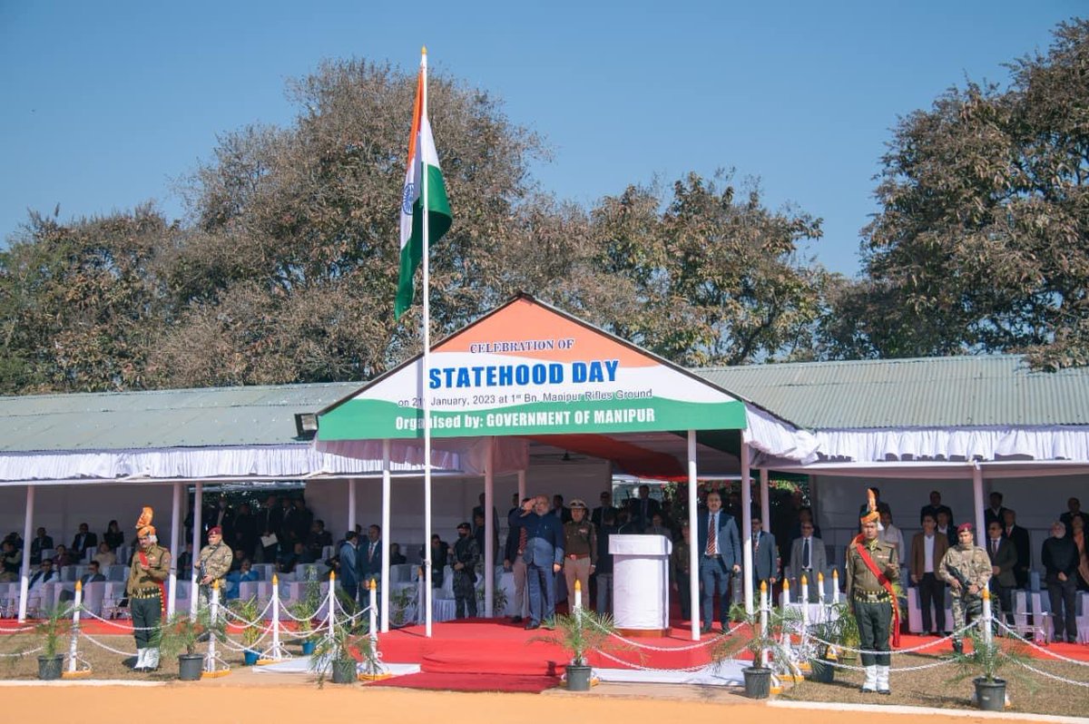 BJP4Manipur's tweet photo. The 51st Statehood Day was celebrated at 1st MR Parade Ground today with a full marching parade. Hon'ble CM Shri @NBirenSingh attended this auspicious celebration. 

@BJP4India @narendramodi @JPNadda @sambitswaraj @AShardaDevi https://t.co/K2T3pOzrVd