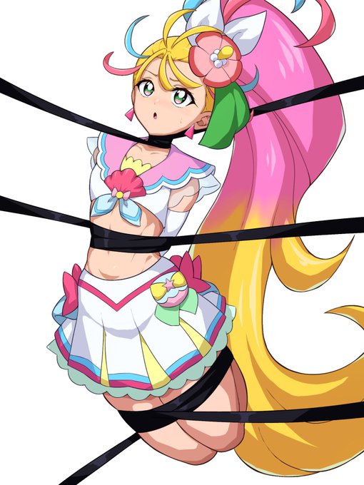 拘束されて宙ぶらりんになってるキュアサマー 