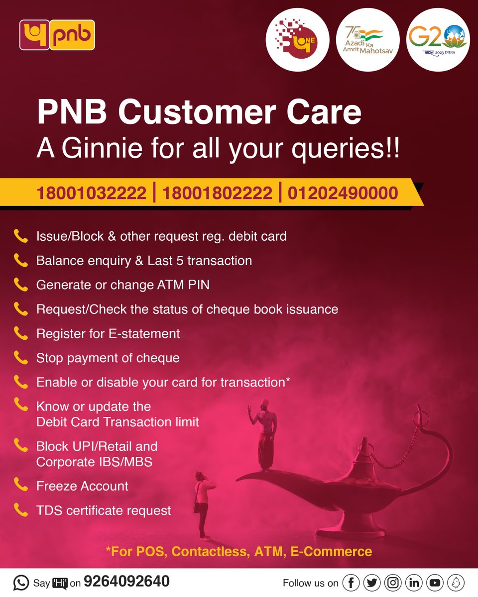 pnbindia's tweet image. Making a call is the new rubbing the lamp. Need help? Contact our customer care service.
For more information visit: bit.ly/3ofFOLY
#CustomerCare #DebitCard #Queries #Cheque #ATM