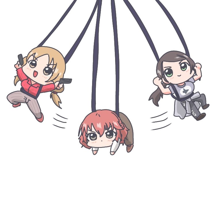 multiple girls 3girls red hair holding pants gun twintails  illustration images