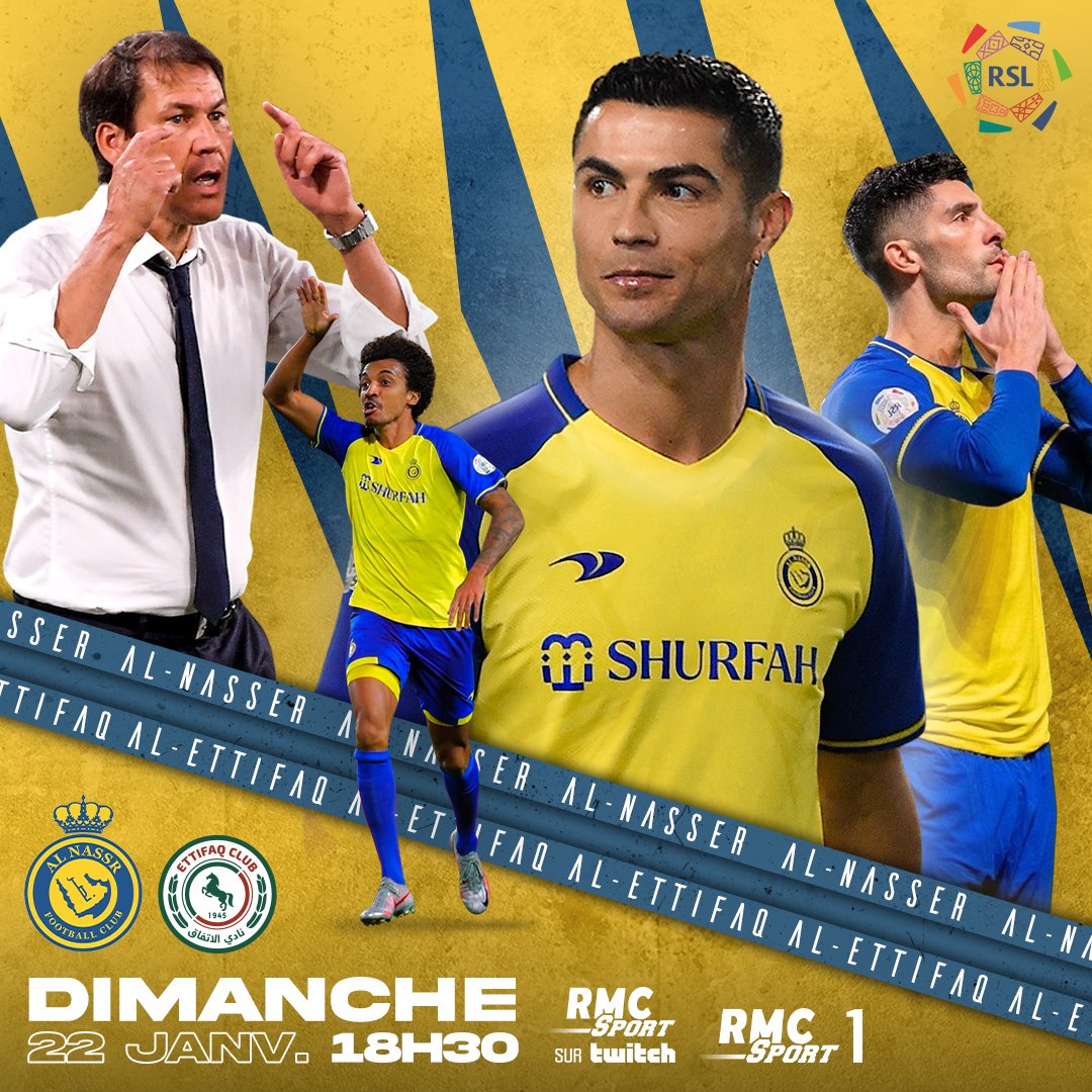 RMCsport's tweet photo. 📺 Le premier match officiel de Cristiano Ronaldo à Al-Nassr, c'est à vivre en direct dimanche à 18h30 sur RMC Sport ! 

🇸🇦 Deux moyens pour voir les grands débuts de la superstar portugaise : 

▪ RMC Sport 1
▪ Gratuitement sur le Twitch RMC Sport ► https://t.co/GEsKYLZey2 https://t.co/RIT7jEdYTT