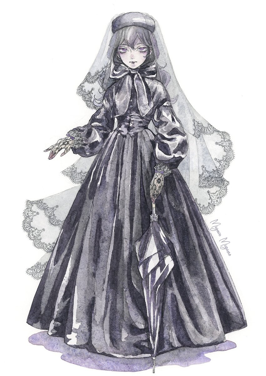 1girl solo umbrella dress white background veil long hair  illustration images