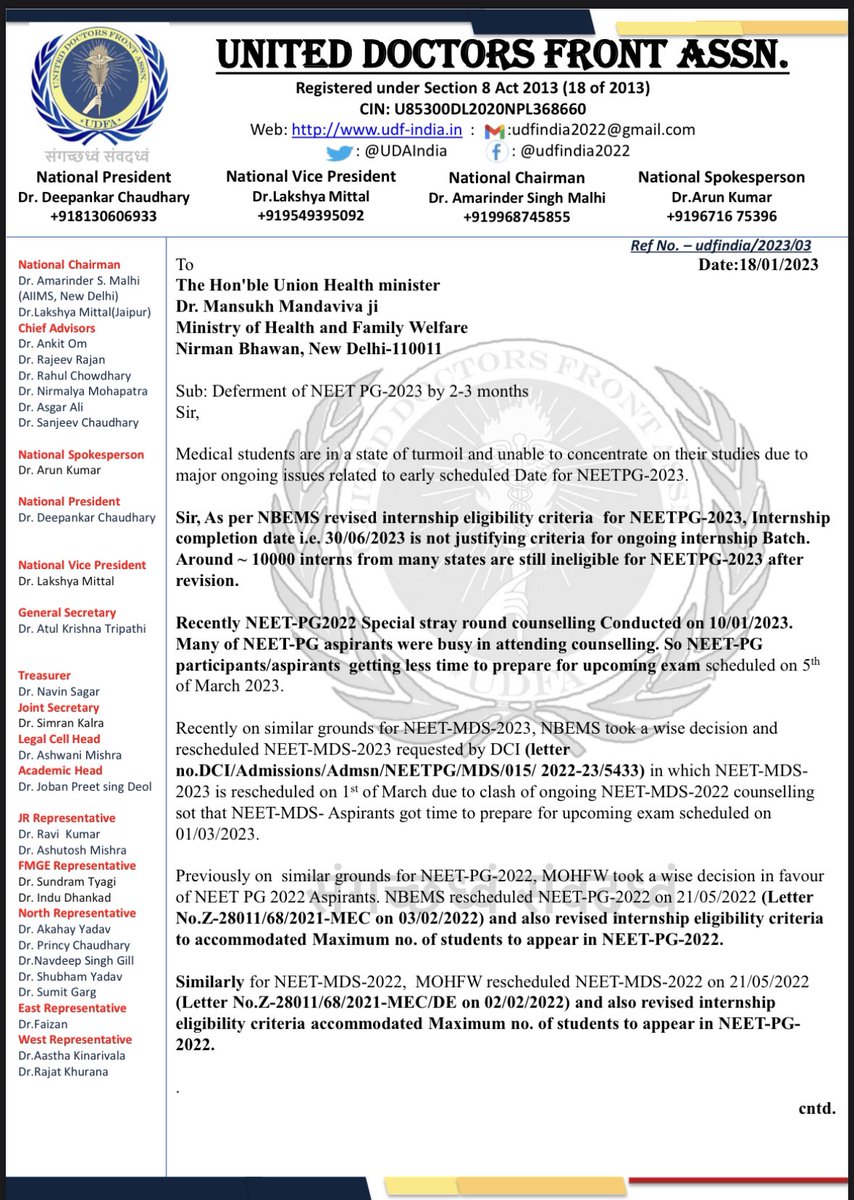 drlakshyamittal's tweet photo. Requesting all the #NEETPG2023 Aspirants for MASS MAILING TILL MONDAY to all the email ids given below, it will take just 5-10mins , just copy paste the Letter for content.
PS: Just to show them the solidarity of united doctors &amp; so that consider all our demands genuine.
Regards, https://t.co/2H67ocuB8l