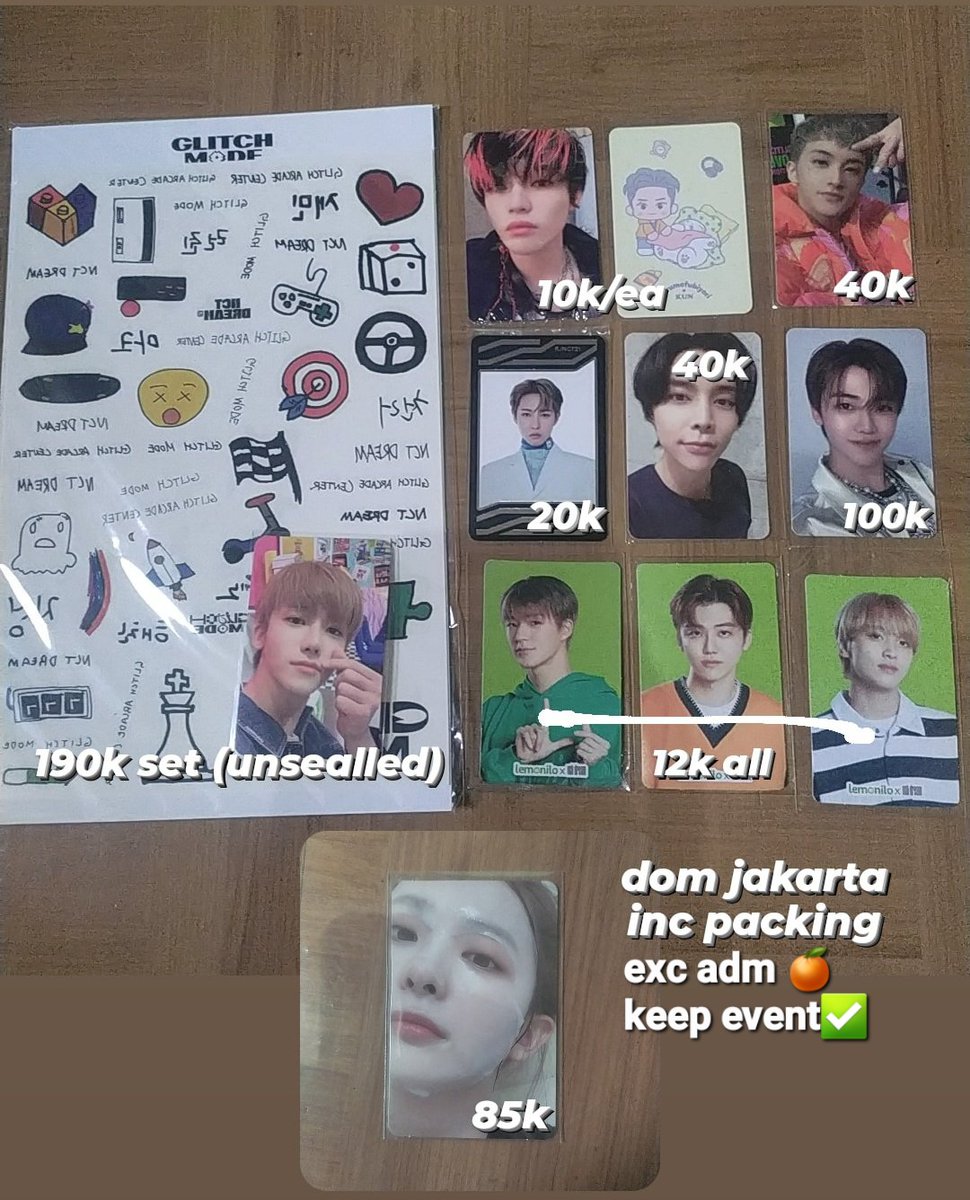 wts / want to sell

aab nct jaemin glimo jewel universe namol mark chenle glimo kun Johnny sanrio uc renjun jeno haechan lemonilo seulgi monster seulgi mask

📍Jakarta 
Keep event ✅
Inc pack
Exc adm 🍊