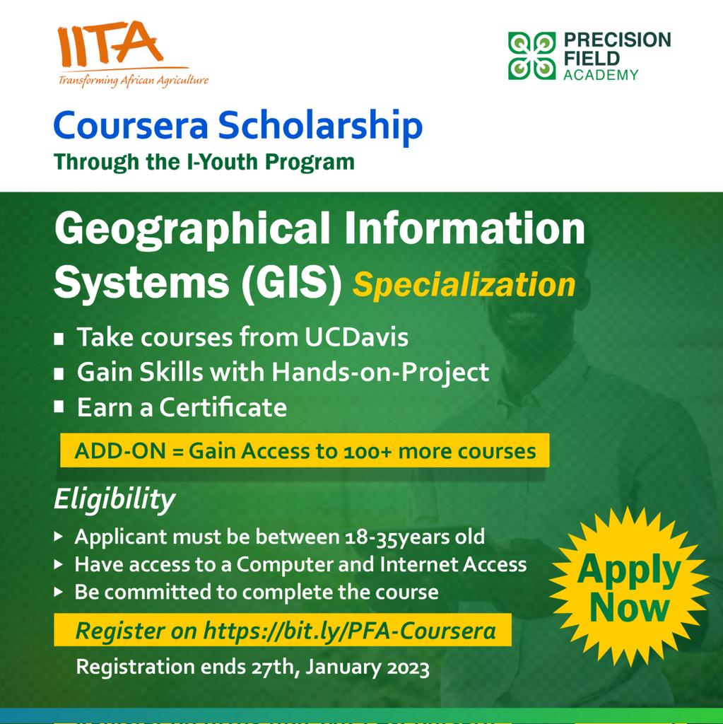 DO NOT MISS THIS SCHOLARSHIP OPPORTUNITY

As part of our vision to advance precision agriculture in Africa, &amp; also to prepare young professionals in agriculture with the skills &amp; capacity for the future of work &amp; Tech in Agriculture

Apply using this link: lnkd.in/dmtShFGy