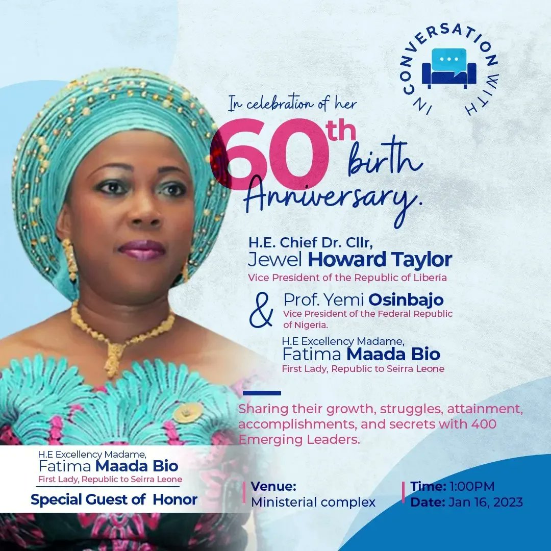 Devine4change's tweet photo. CHIEF, Dr., Cllr.
@JewelHTaylorOff, VICE PRESIDENT of LIBERIA, @ProfOsinbajo, VICE of Nigeria, and H.E Fatima Maada Bio, First Lady of Sierra Leone will sit on our panal to Share with over 400 emerging Leaders thier growth, struggles, attainments and secrets. https://t.co/61DDKtIQqk