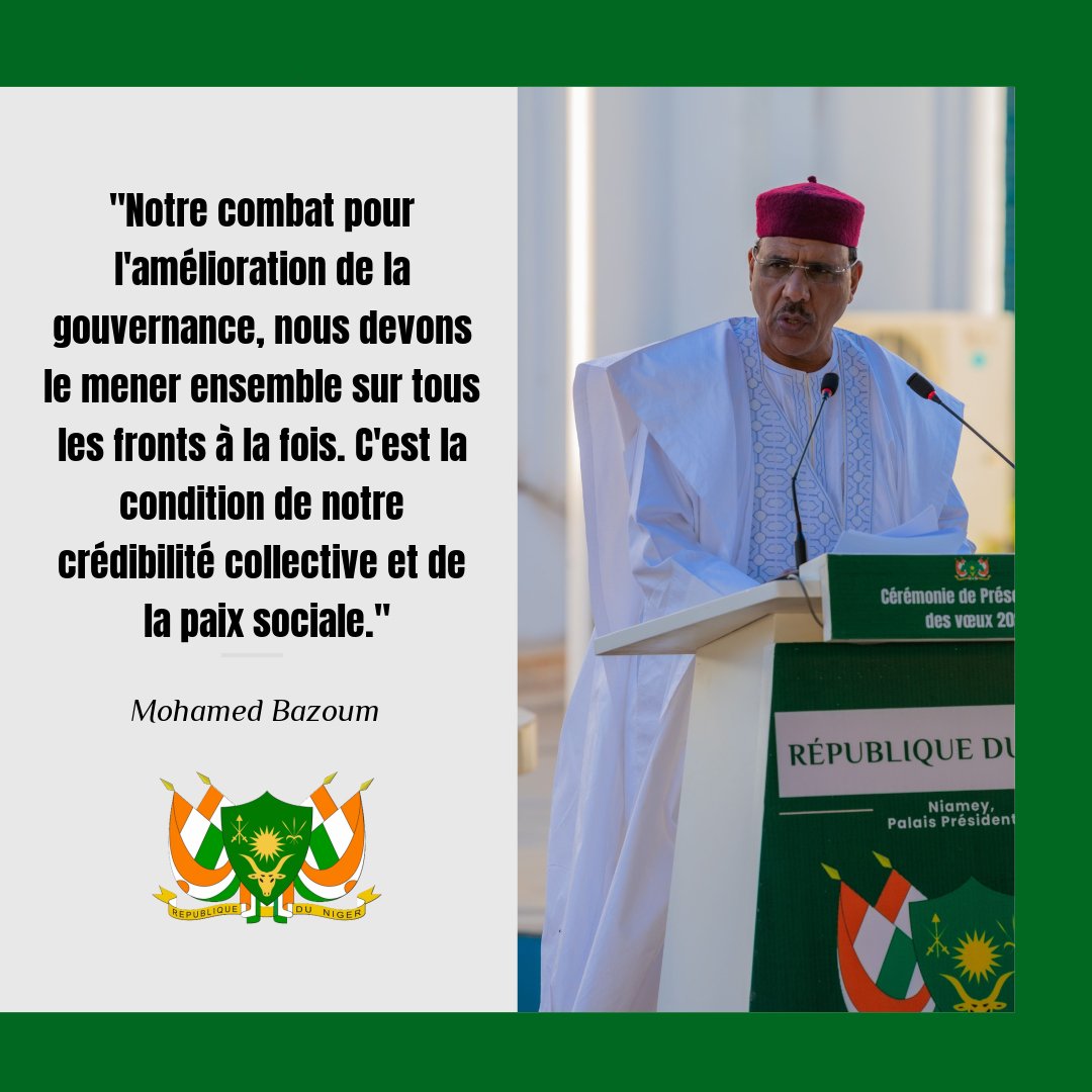 "Notre combat pour l'amélioration de la gouvernance, nous devons le mener ensemble sur tous les fronts à la fois. C'est la condition de notre crédibilité collective et de la paix sociale."
SEM <a href="/mohamedbazoum/">Mohamed Bazoum</a>
13 Janvier 2023