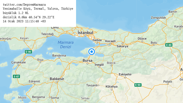 NewRoadTrip's tweet image. Yenimahalle Köyü, #Termal, #Yalova, Türkiye
büyüklük 1.2 ML (9 dk önce)
derinlik 0.0km 40.54°N 29.22°E
14 Ocak 2023 11:15:48 +03
#deprem