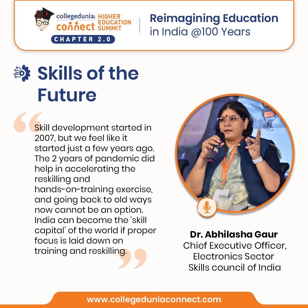 Here’s a valuable insight of Dr. Abhilasha Gaur on ‘The current skill development ecosystem of India.’ 

#CDConnect2 #summit2022 #Collegedunia #CDvision2047 #educationsummit2022 #IndiaAt2047 #PanelDiscussion #SkillsOfTheFuture