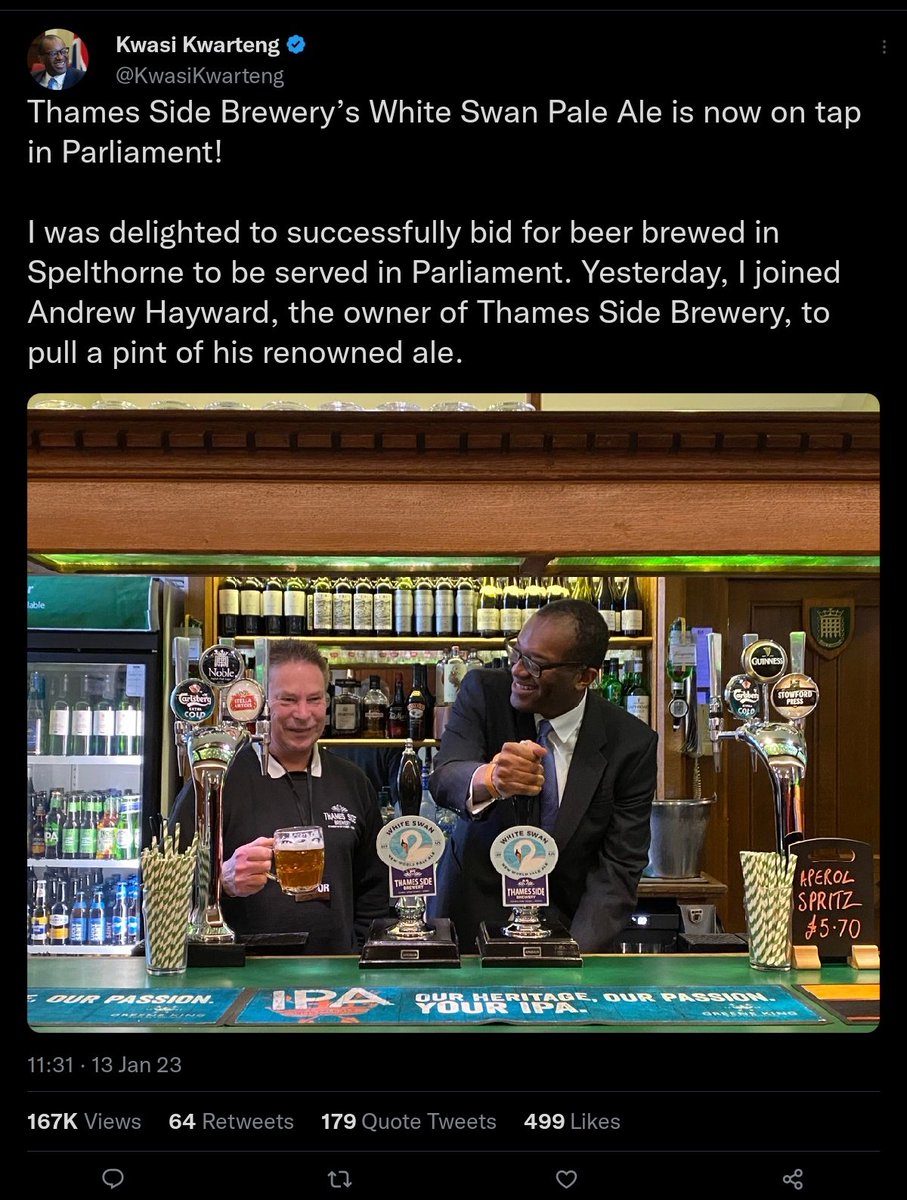 Kwasi Kwarteng's catastrophic mini budget has reportedly cost the UK £74b, but not to worry as White Swan pale ale is now available in Parliament.