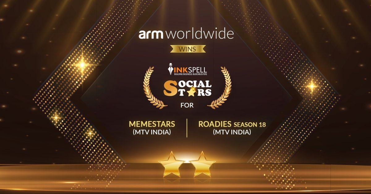 We are delighted to share that #ARM Worldwide has been recognised by Inkspell for the work on MTV Memestars & MTV Roadies Season 18. 

Kudos to the entire team for their exemplary work which has earned us 2 Social Stars awards. 

#ARMWorldwide #DigitalAwards