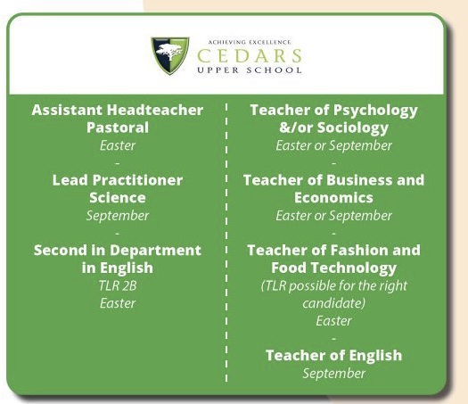 Cedars Upper School (@cedars_upper) on Twitter photo The final weekend to apply for some fantastic jobs. If you want to join our ambitious and supportive team, go to MyNewTerm. #achievingexcellence <a href="/mjpGibbs/">Mark Gibbs</a> <a href="/Mnormanedu/">Melanie Norman</a> <a href="/MrsB_FCCT/">Flora Burt</a> <a href="/F_MLeah/">Leah Ferguson-Moore</a> <a href="/MissNikkiGoodm1/">Miss_Nikki Goodman</a> <a href="/acrowtherpe/">Ashley Crowther</a> The final weekend to apply for some fantastic jobs. If you want to join our ambitious and supportive team, go to MyNewTerm. #achievingexcellence <a href="/mjpGibbs/">Mark Gibbs</a> <a href="/Mnormanedu/">Melanie Norman</a> <a href="/MrsB_FCCT/">Flora Burt</a> <a href="/F_MLeah/">Leah Ferguson-Moore</a> <a href="/MissNikkiGoodm1/">Miss_Nikki Goodman</a> <a href="/acrowtherpe/">Ashley Crowther</a>