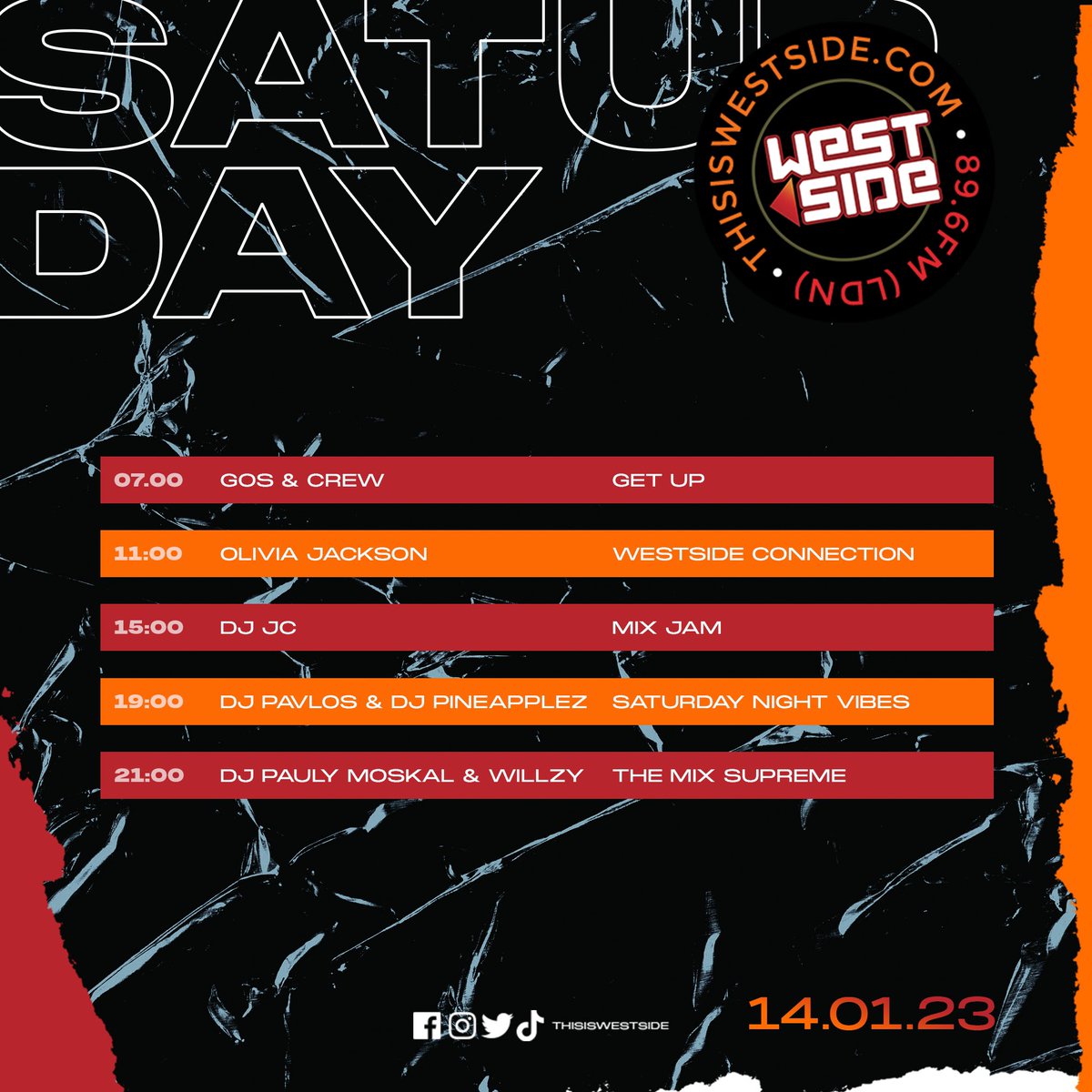 SATURDAY 14.01.23 

7-11 <a href="/GosAndCrew/">Gos</a> <a href="/bhavotelli/">BHAVOTELLI</a> 🔙 <a href="/Noha_Omnya/">Noha Omnya</a> 

11-3 <a href="/Liv_london_/">Olivia Jackson</a> 

3-7 <a href="/DJJCLDN/">DJ JC</a> 

7-9 <a href="/DJPineapplez/">Dj Pineapplez</a> <a href="/realdjpavlos/">PAVLOS</a> 

9-11 <a href="/djpaulymoskal/">djpaulymoskal</a> <a href="/KalexWzy/">Kalex // Willzy</a>