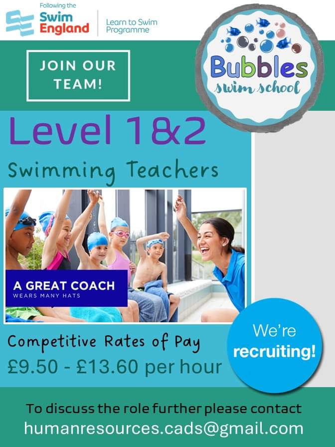 SwimCads's tweet photo. Our Learn to Swim School are recruiting : so if you would love to be part of an inclusive team &amp; provide essential skills to the next generation we would LOVE to hear from you | for details email: 
Ltslead.bubbles@gmail.com 
humanresources.cads@gmail.com 
@Swim_England https://t.co/1f0AP3rDH8