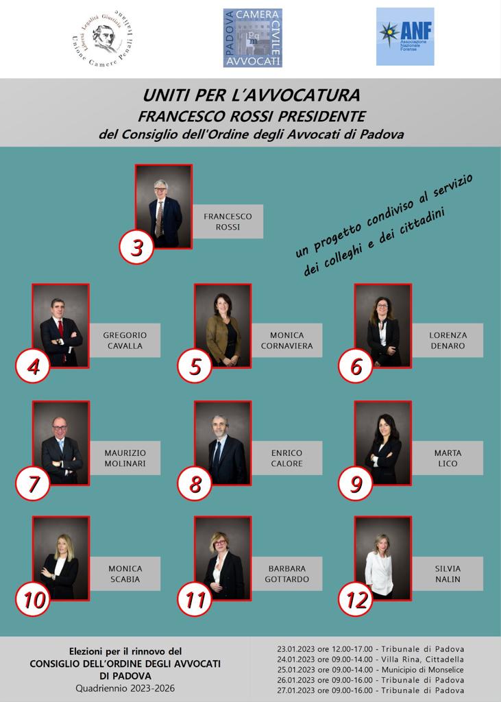 Anche per queste elezioni COA ANF c'è: Barbara Gottardo n.11 e Silvia Nalin n.12. Le assoforensi attorno a un programma per <a href="/F_RossiTweet/">Francesco Rossi</a> Presidente. Il nostro manifesto per ricordare agli elettori che il voto è limitato ai 2/3 degli eleggibili e rispetto della tutela di genere