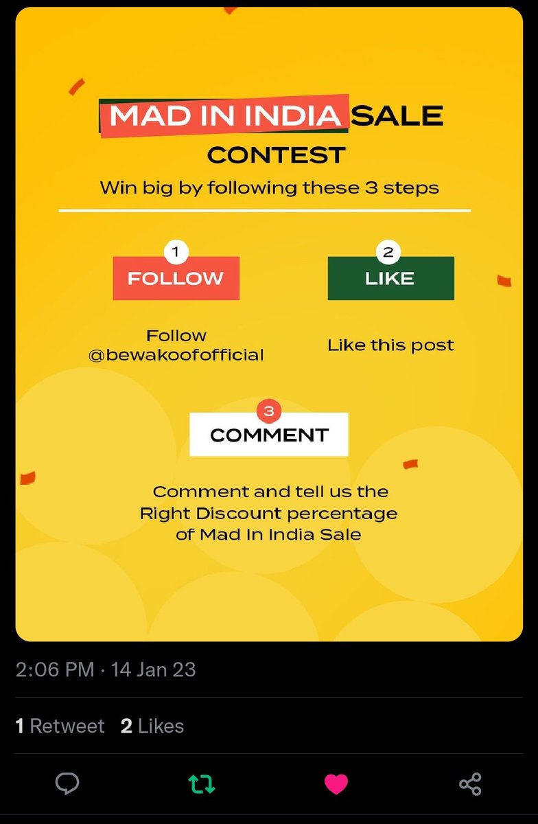 @bewakoof Following you guys
Liked the post
Answer - The right discount percentage of Mad In India sale is 40-80%
Tagging my gang @WonderBoy_kris @naik_gyaneshwar @saeellfc @laezythebaa

#MadInIndia