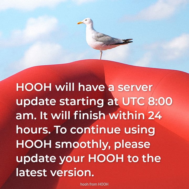 ⚠️HOOH will have a server update starting at UTC 8:00 am. It will finish within 24 hours. 
⬆️To continue using HOOH smoothly, please update your HOOH to the latest version.