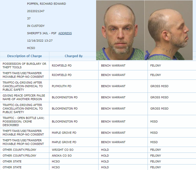 CrimeWatchMpls's tweet photo. Richard Edward Poppen, 1/30/1985
IN CUSTODY on at least nine open cases and/or warrants including several felonies. Several burglary, theft, burglary tools. Also other state felony holds.

Chronic offender with 42 prior convictions including 7 felonies.

#3StrikesMN #MNLEG #MNSEN https://t.co/LetSzSL3hA