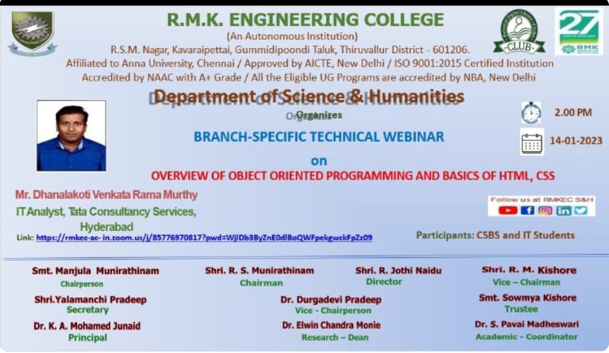 Sheegangm's tweet photo. Mr.Dhanalakoti Venkata Rama Murthy, IT Analyst, TCS, Hyderabad, presented a technical webinar on Overview of Object Oriented Programming and Basic HTML, CSS. #html5 #CSS3 #TCS https://t.co/NXskhT62Xp