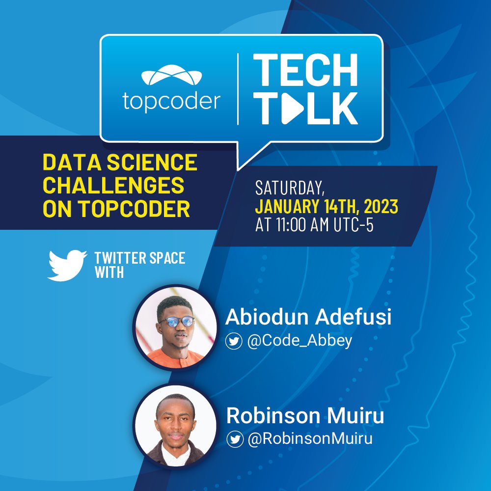 RobinsonMuiru's tweet image. Join @Code_Abbey , An Artificial intelligence engineer from Nigeria ,6:00pm East African time. Discussion on the current data science tasks @Topcoder.
Be part of the global community.
#Topcoder #DataScientist