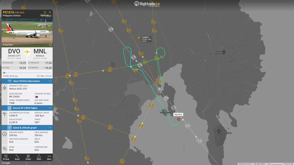 AUPhilippines's tweet photo. AUP is currently monitoring PAL flight PR-1816 over Davao City. 

The flight, operated by RP-C9929, stopped climb shortly after departure.

Track the flight: https://t.co/9JWcGmmeXL https://t.co/KURs6yPPsZ