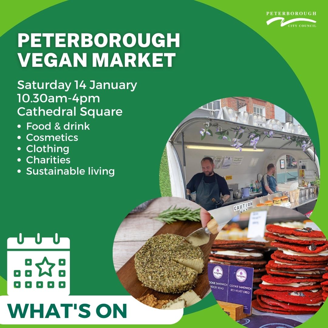 PeterboroughCC's tweet photo. Visiting the Peterborough Vegan Market today? Experience #veganuary in full swing with stalls that include food &amp; drink, cosmetics, clothing, charities &amp; sustainable living.
#SophiesDelight #MKSFoodDistribution #TheMayBakery #LoveMegBakery #ProjectDoughnut #TheVeganKitchen https://t.co/8C4T4g6Ihp