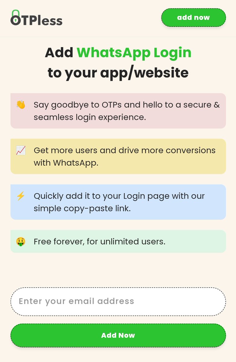 A OTP less UI will definitely help increasing🚀 registrations/ROI/Leads. #otpless #WhatsAppLogin 
👉Check this out - otpless.com