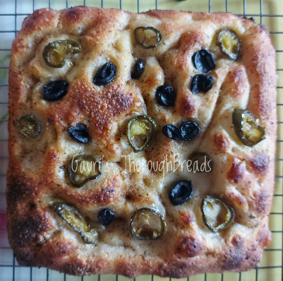 gauripokhariyal's tweet photo. @SwatiDugar_ And just as I see your message..  here's a freshly baked Sourdough focaccia, your favourite with jalapeños and olives, just out of the oven..
#sourdough #focaccia 
#GaurisThoroughBreads https://t.co/G3O42Io5jz