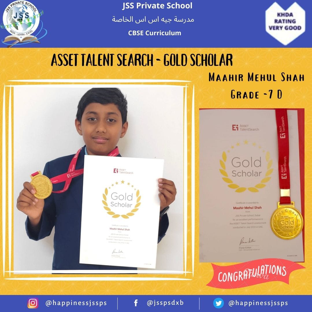 happinessjssps's tweet photo. We are delighted to announce that Maahir Mehul Shah of Grade 7 is the proud recipient of the 'Gold Scholar' award for his excellent performance at the ASSET Talent Search assessment. @sureshbhojraj
#JSSPSmiddleschool
#KHDA
#happinessjssps
#assettalentsearch https://t.co/LqajdZuyBi