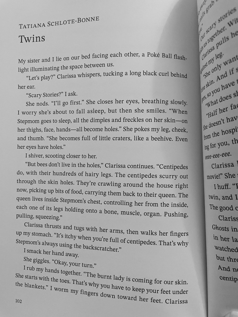 “When Stepmom goes to sleep, all the dimples and freckles on her skin—on her thighs, face, hands—all become holes. She becomes full of little craters, like a beehive. Even her eyes have holes.”

My short story about creepy twins is the first issue of gavialidae.com!