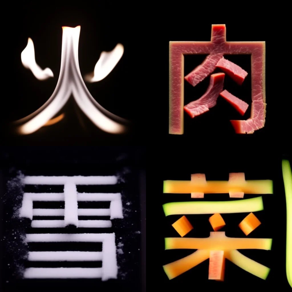 Stable Diffusion v2 used to transform images of Chinese characters into the things they describe.

Examples: fire 火, meat 肉, snow 雪, vegetable 菜