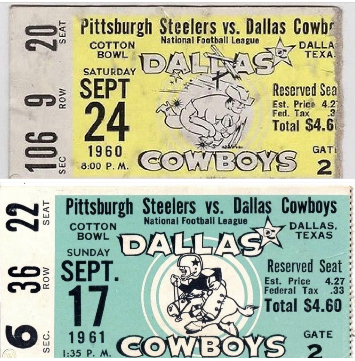 CowboysOld's tweet photo. 1960 Dallas Cowboys used a generic Cowboy logo on the tickets for that year only. In 1961 through 1966 the Cowboy Joe logo was used. 

#60sCowboys #FirstCowboys #DallasCowboys #CowboysNation https://t.co/kclNTxf86p