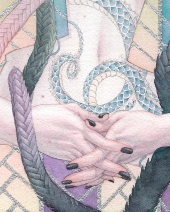 みうらじろうギャラリーで開催中のグループ展『端月譚2023』より。「青鎖竜」M8号多肉植物のムスコーサ(青鎖竜)をモチーフに。胸元の竜がお気に入り作品はメールにて通販でもお取り扱い頂いておりますので、よろしければご覧頂けますと幸いです。 