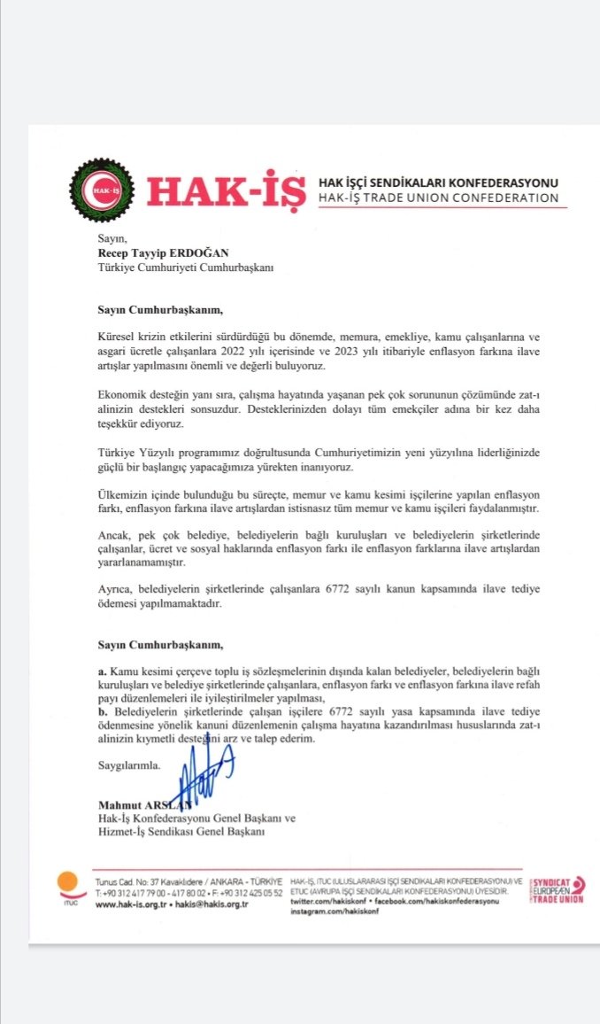 ErcanKA211972's tweet photo. Sayın Genel Başkanımız Mahmut Arslan’ın Sayın Cumhurbaşkanımıza gönderdiği mektup,belediye işçilerine Enflasyon farkı ve 52 günlük tediye ikramiye verilmesi için Yaparsa Hak iş hizmet iş sendikası yapar. Teşekkürler sayın Genel başkanım. https://t.co/n4UiOlFH9i