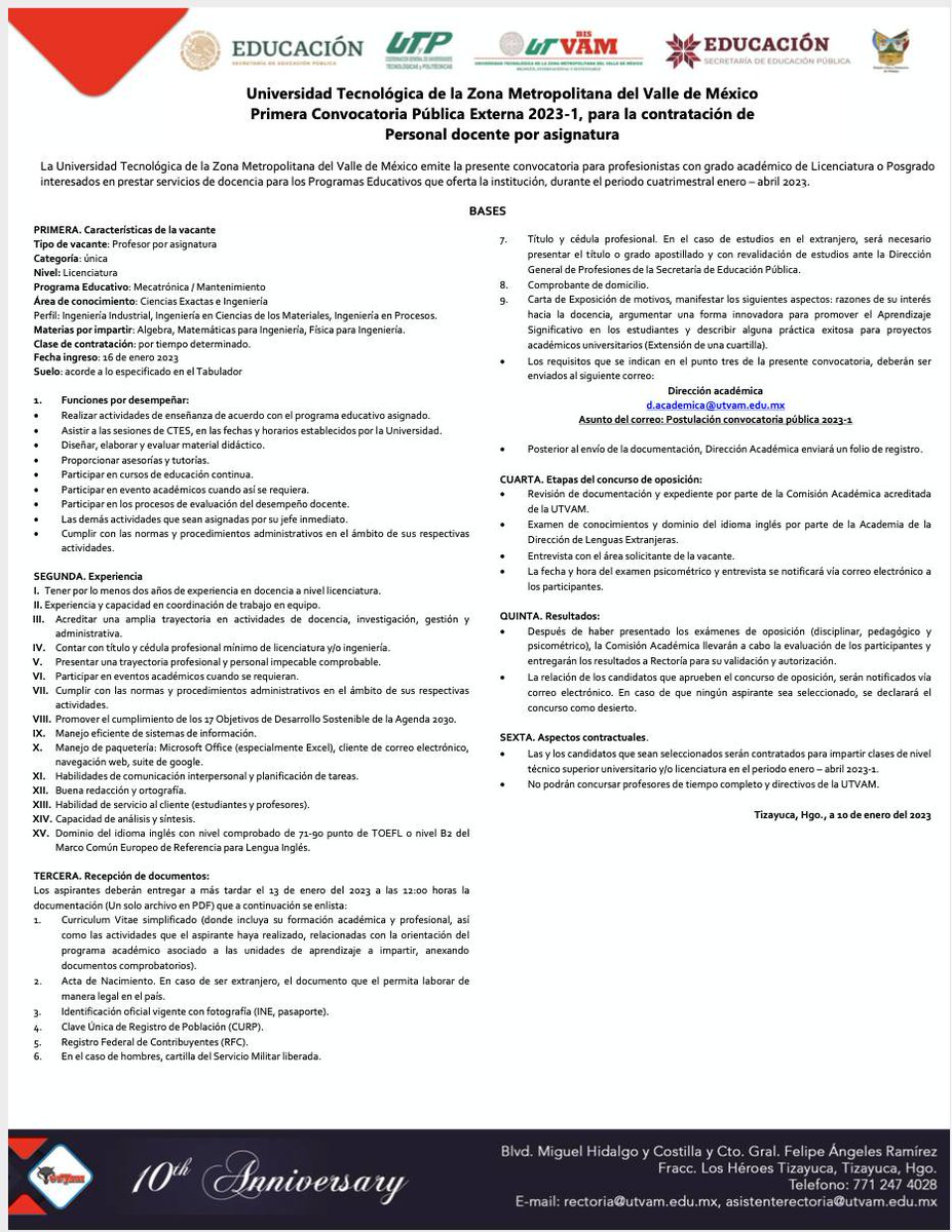 UtvamBis's tweet photo. Convocatoria para profesionistas con grado académico de Licenciatura o Posgrado interesados en prestar servicios de docencia para los Programas Educativos que oferta la #UTVAM, en el cuatrimestral enero – abril 2023
Consulta las bases para participar 👇
#UTVAMbis
#WeAreWolves https://t.co/RAMRNlTXFO