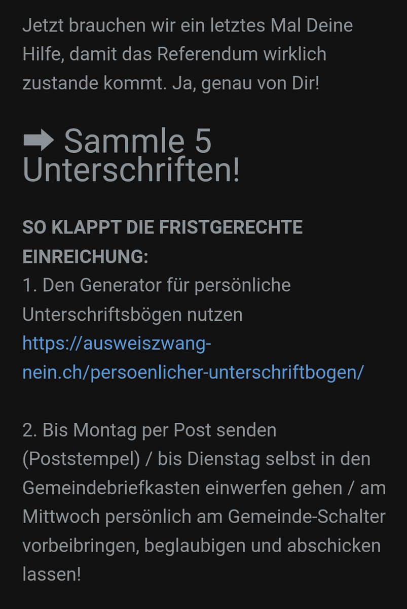 MichaelSchwyzer's tweet photo. Für #Privatsphäre, #Datenschutz &
#Freiheit:
Wenn sich jetzt alle einen Ruck geben, einige Unterschriften sammeln und es weitersagen, können wir den #Ausweiszwang im #Schweiz|er #Internet noch stoppen. 💪
Ich mach mit - und du?
Genaue Anleitung unten.
#AusweiszwangNEIN
#JSFVG https://t.co/VRYKtFyM1I