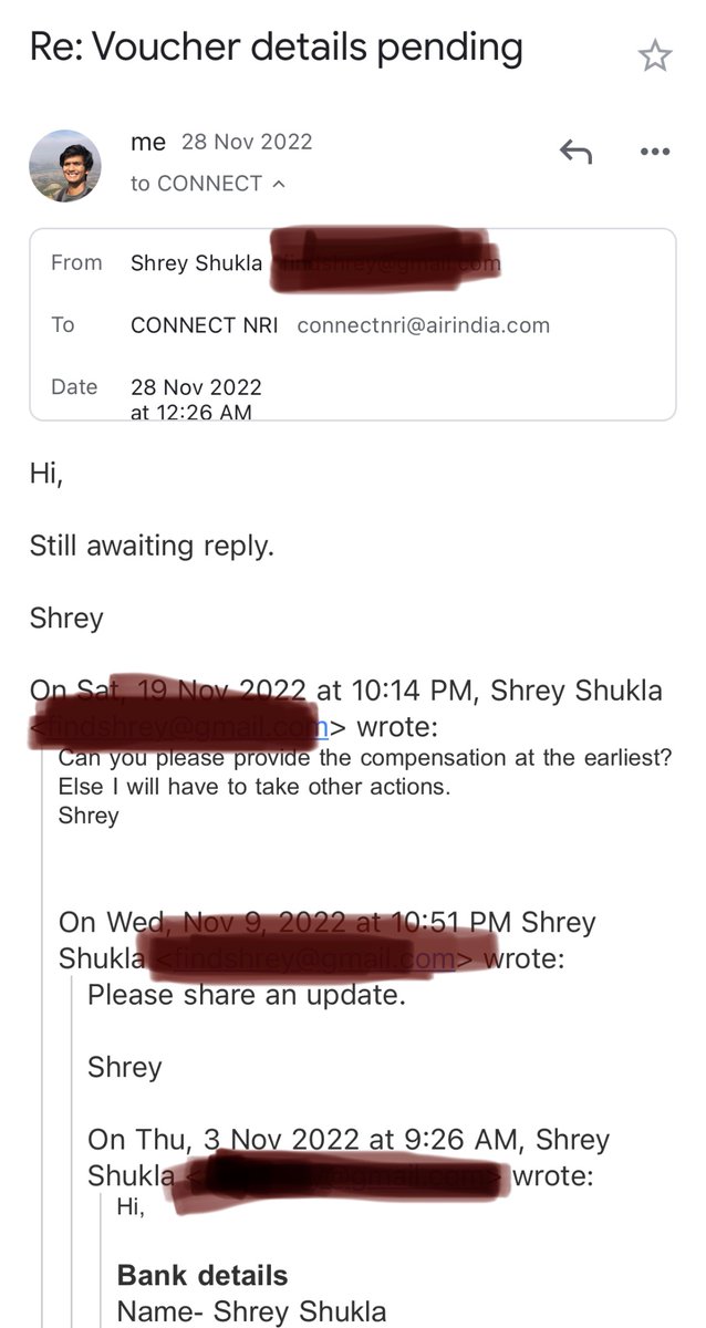 Shr_yay's tweet photo. Waiting for response from @airindiain for almost 2 months on the boarding denied compensation. First you don’t provide reliable service and then fail at timely compensation. Extremely unprofessional! https://t.co/jsTp7lA8do