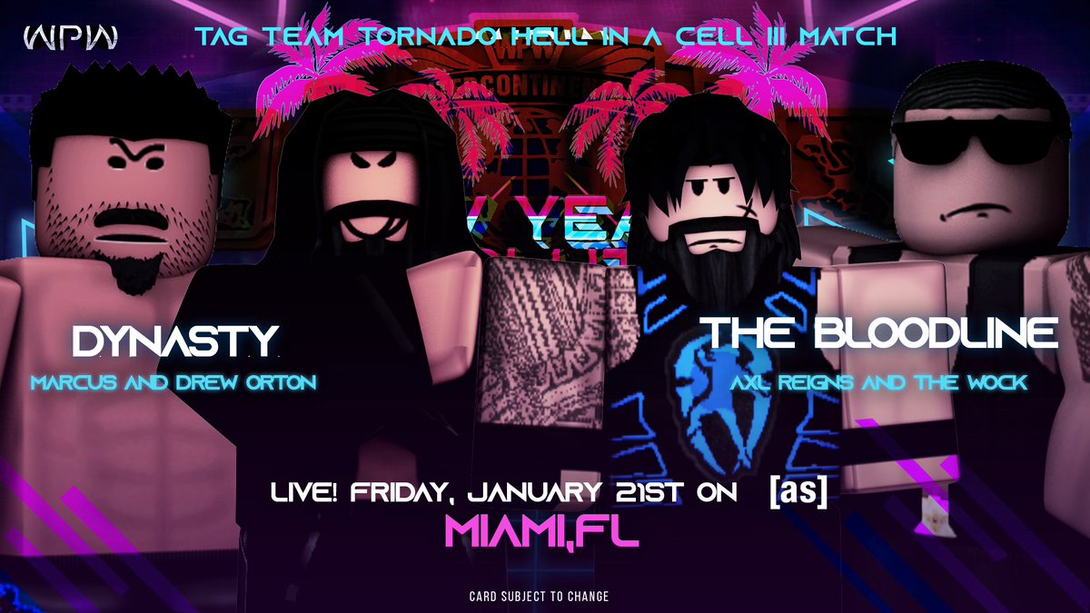 WPWMedia's tweet photo. NEXT WEEK!

NEWLY FORM DUO DYNASTY @NotMarcus6 and Drew Orton take on THE FAMILY of @AxlWpw &amp;' @WKonders in form of THE BLOODLINE in a TAG TEAM TORNADO HELL IN A CELL III MATCH!

The score between @AxlWpw and Drew is 1-1 who will win this tiebreaker!?

#WPWNewYearsResolution https://t.co/yATLd6SjnT