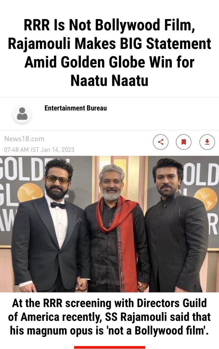 Tushar15's tweet photo. Releases trailer in Hindi, casts Ajay Devgan and Alia Bhatt in key supporting roles, but sure, it’s not targeted for North-Indian audience. Might not be a proper Bollywood movie, but it’s not like the entire country came to know about RRR through the Telugu version. https://t.co/Mp9KkDOY5S