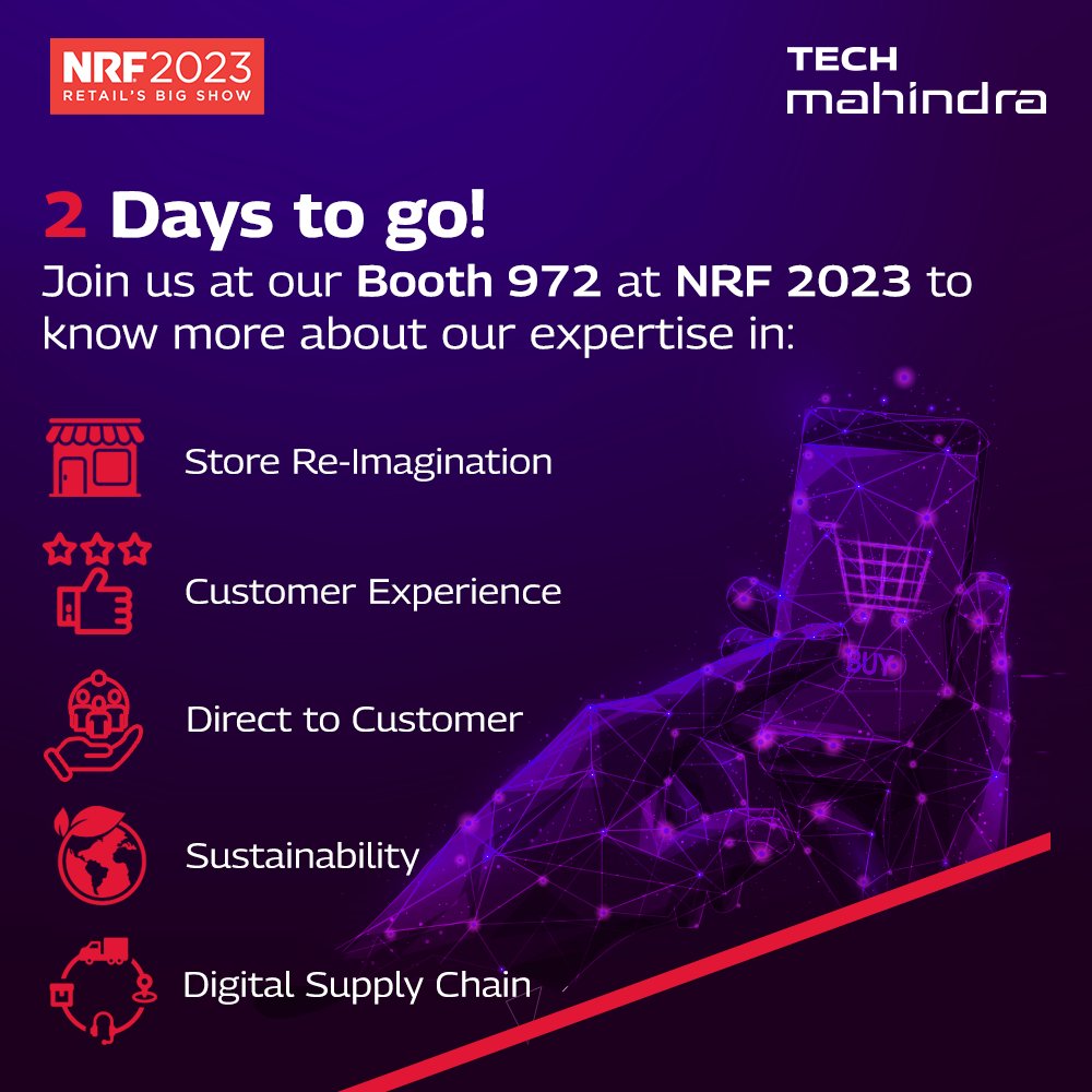 tech_mahindra's tweet photo. 2 days to go!
Interact with our leaders Maninder Singh, Akhil Dabas, Anish Bhat & Sanjay Gulati to learn more about the 5 pillars of our expertise in the #RetailIndustry.
Know More: https://t.co/ZihG9Lo6sO
#TechMAtNRF #NRF2023 #retail #retailevent https://t.co/nrV383FdUZ