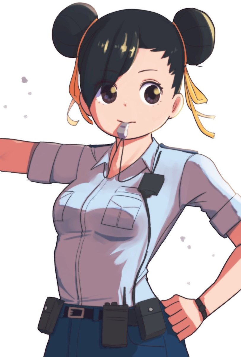 1girl double bun solo hair bun whistle police uniform police  illustration images