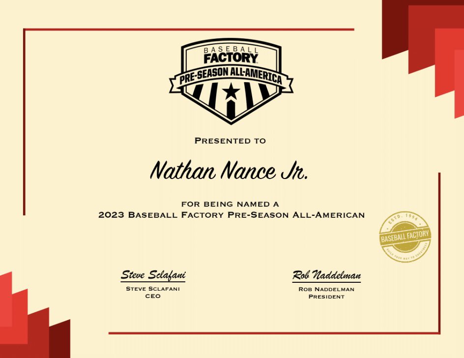 NathanNancejr1's tweet photo. I’m honored to be named a 2023 Baseball Factory Pre-Season All-American @ZackGriffis @CoachMullis3  @OfficialBuck103 @BFScout @BaseballFactory https://t.co/MV59SzAu80