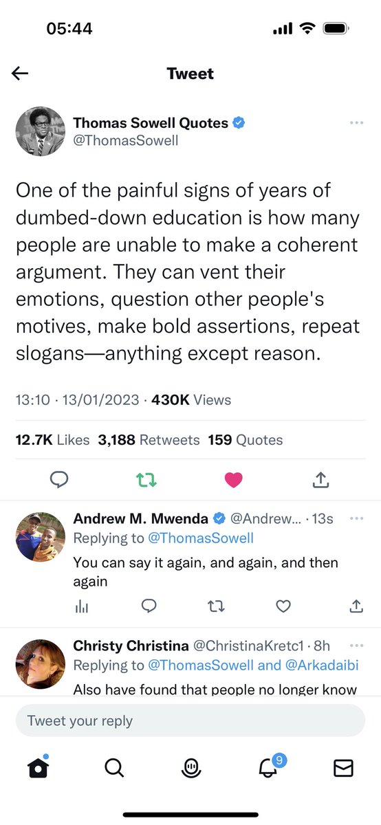 AndrewMwenda's tweet photo. This tweet by Prof. Thomas Sowell best describes a large section of Defiance and NUP activists. Yet, theirs is not [necessarily] a result of dumb-down education. More critically, it is a result of lack of basic social values which leads them to disregard intellectual arguments. https://t.co/mNUr5RXwSL