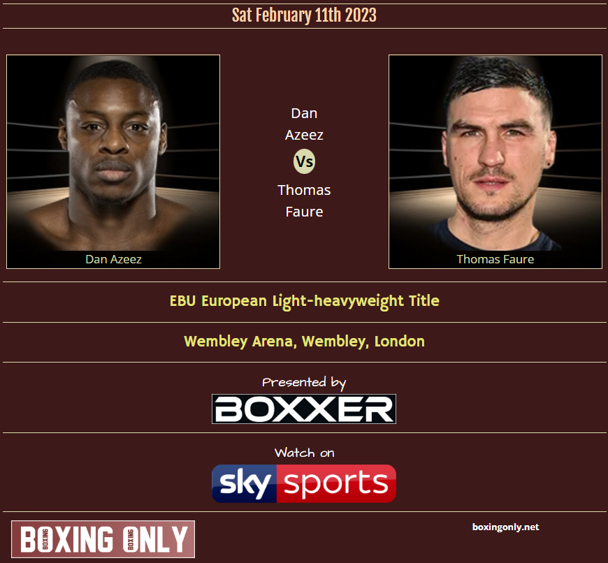 BoxingOnly5's tweet photo. 🥊 Dan Azeez vs Thomas Faure
🏆 EBU European Light-heavyweight Title
📅 Saturday, February 11th
🏟️ Wembley Arena, London
📢 Boxxer
📺 Sky Sports
🔗 https://t.co/AdviM9pKoF
#AzeezFaure @dan_azeez #ThomasFaure #boxing #boxingnews #BoxingOnly5 #boxingmatch https://t.co/wjAsj5bQU6