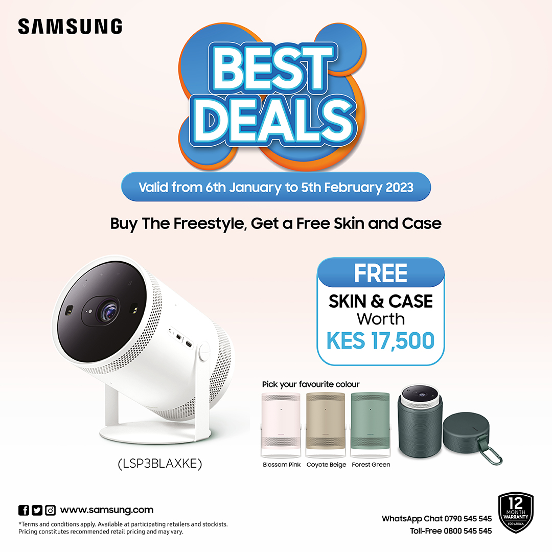 SamsungKE's tweet photo. The joy of getting your Best! Buy the #Freestyle now and get a FREE skin & case worth Ksh 17,500!
Hurry while offer is valid. 😀
*Terms & Conditions apply*
#UnexpectedJoyEverywhere
#TheFreestyle
#SamsungLifestyle
#MoreWithSamsung https://t.co/KlYOSxF2NV